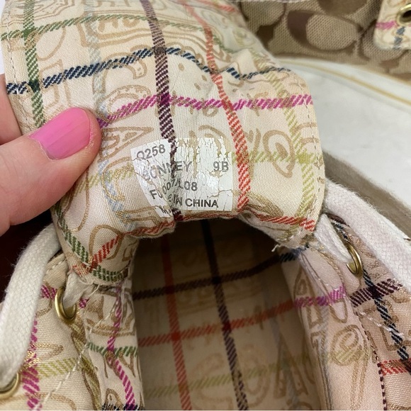 Coach Bonney High Top Sneakers Womens Size 9 Logo Jacquard Tan Brown Fold Down - Picture 10 of 13